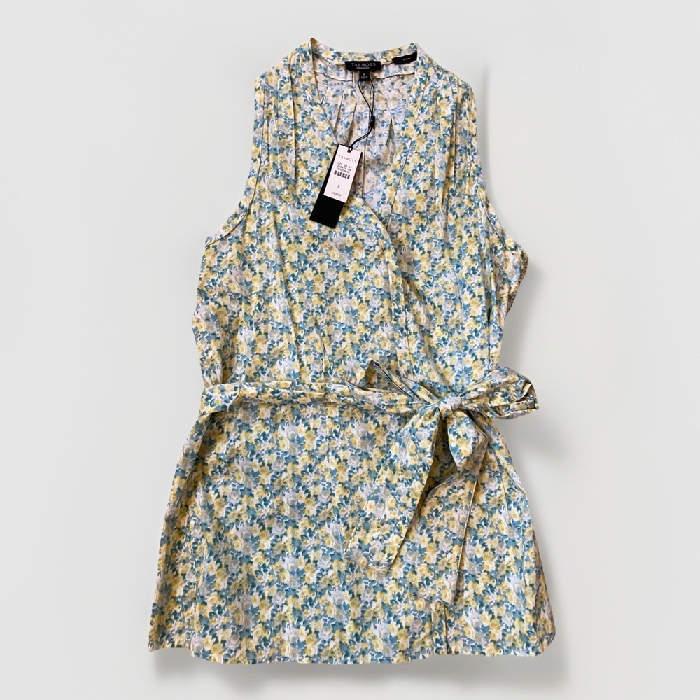 Talbots Womens 2 Blue Yellow Floral Sleeveless Belted Wrap Blouse Top Cottage